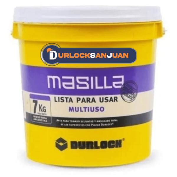 "Masilla Durlock 7 kg para construcción en San Juan, ideal para reparación y acabado de paredes interiores."