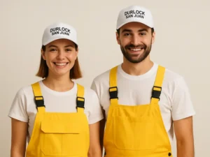Pareja joven con gorritas personalizadas Durlock San Juan, posando en el jardín mientras planifican una renovación con sistemas de construcción en seco
