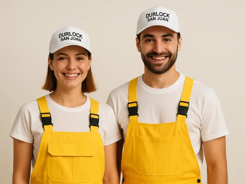 Pareja joven con gorritas personalizadas Durlock San Juan, posando en el jardín mientras planifican una renovación con sistemas de construcción en seco