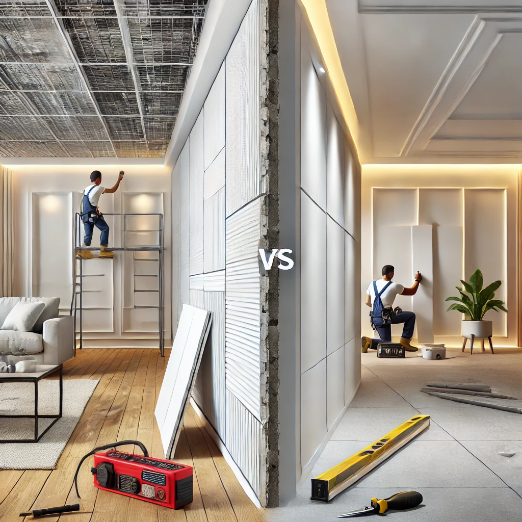 "Comparación entre Durlock y Drywall en una renovación de interiores moderna."