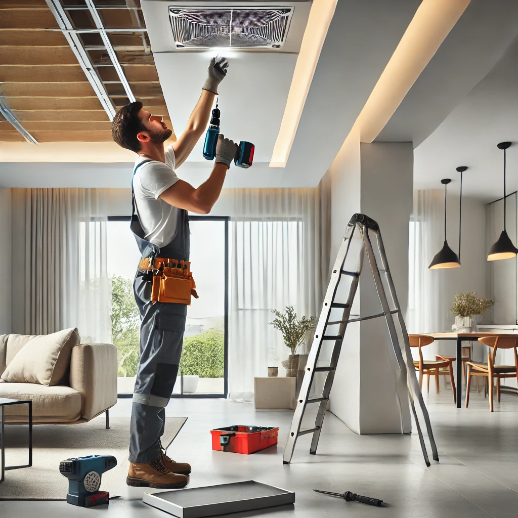 Instalador profesional colocando un cielorraso de Durlock en un hogar moderno.