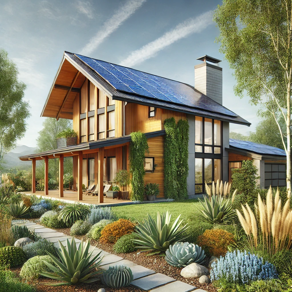 "Casa sostenible en Estados Unidos con paneles solares y paisajismo ecológico, mostrando un diseño moderno y ecoamigable."