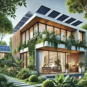 "Casa ecológica moderna con paneles solares, rodeada de vegetación y jardín sostenible."