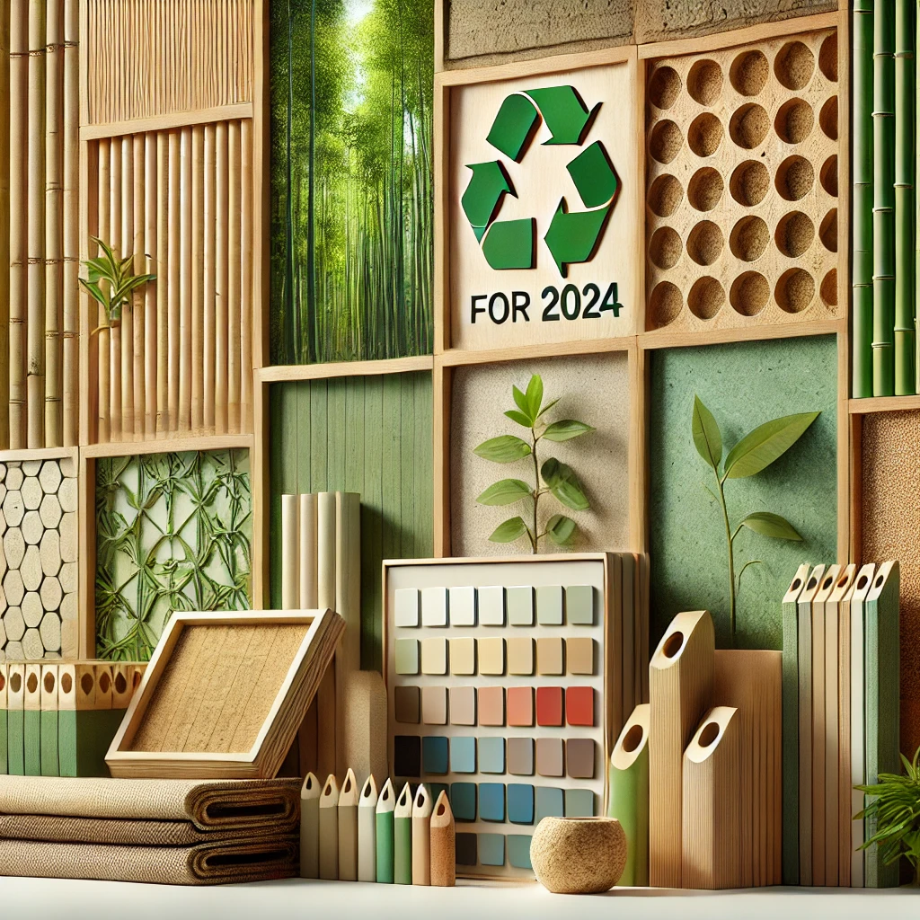 "Materiales verdes para construcción en 2024, como bambú, hormigón reciclado y drywall."