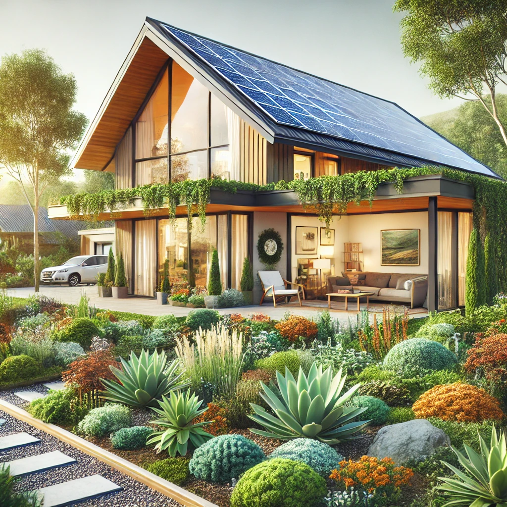 "Hogar ecológico en Estados Unidos con paneles solares y un jardín sostenible que promueve la eficiencia energética."