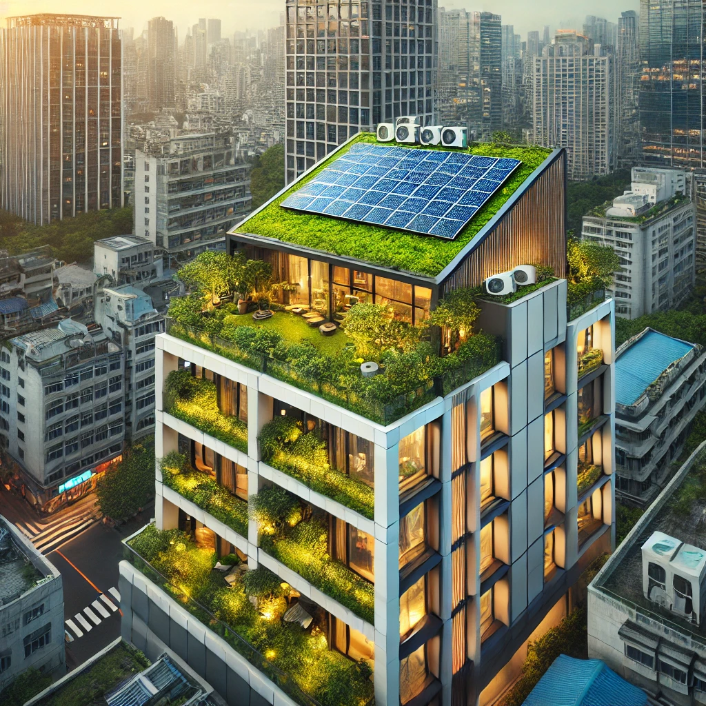 "Techo verde en un edificio urbano con energía solar y jardines en altura."