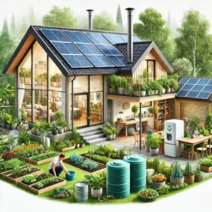 "Hogar ecológico con paneles solares, jardín sostenible y familia practicando compostaje y reciclaje."