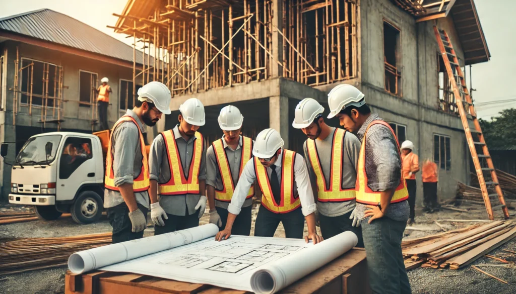 "Obreros e inspectores leyendo un plano en una obra de construcción de una casa, con cascos de seguridad y chalecos, asegurando el cumplimiento de los códigos de construcción."