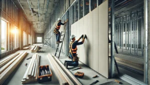 "Trabajadores instalando paneles de drywall en las paredes de un edificio moderno en construcción."