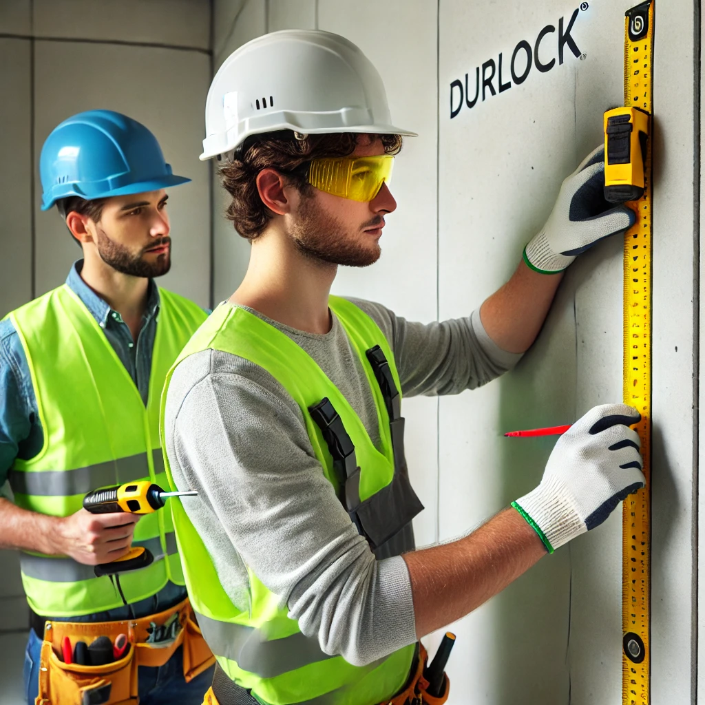 Obreros tomando medidas con precisión en una instalación de paneles de Durlock en un proyecto de construcción.