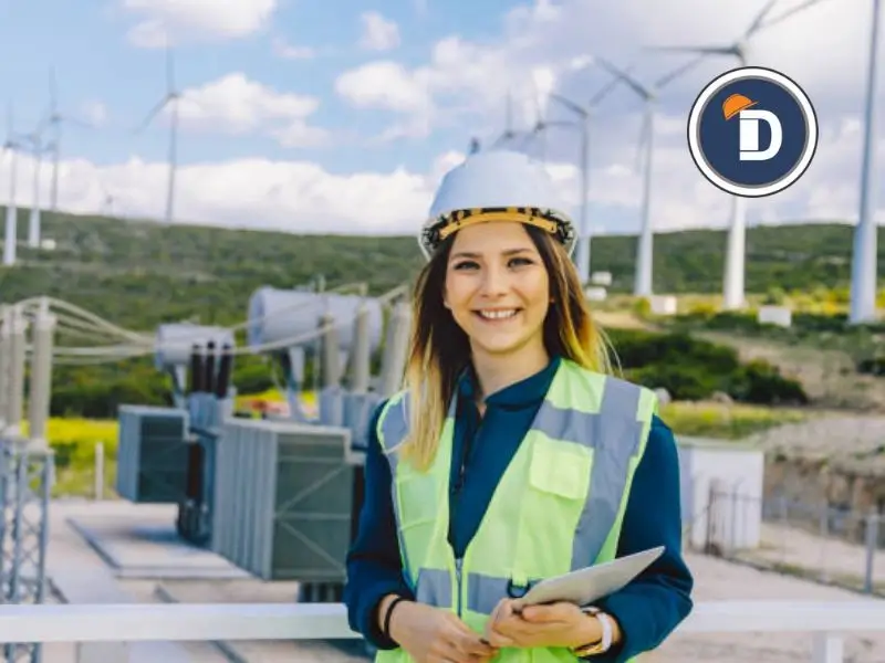 "Ingeniera sonriente con casco de seguridad en parque eólico, promoviendo energía renovable y eficiencia energética en Estados Unidos."