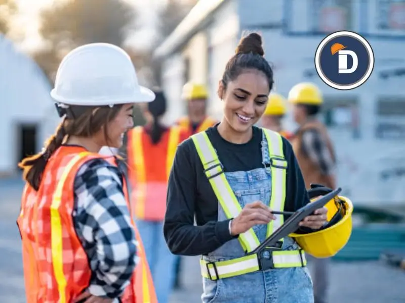 "Trabajadoras de la construcción en sitio de drywall, revisando planos en una tableta, representando empresas de drywall en Estados Unidos."