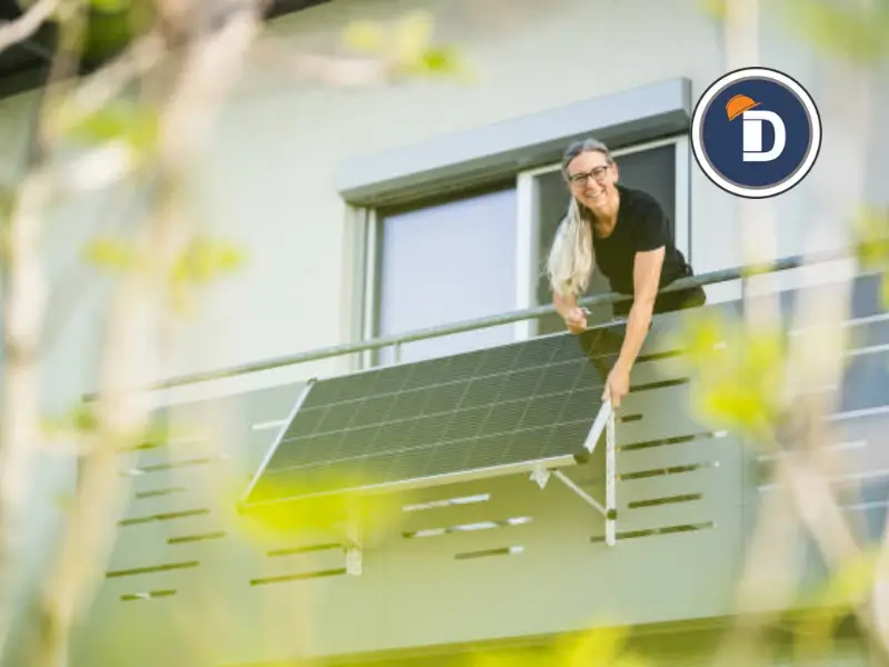 Mujer instalando panel solar en balcón urbano, fomentando el uso de energía renovable en viviendas urbanas.