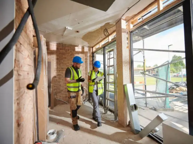 Trabajadores de construcción revisando planos en una obra con estructura de drywall en proceso.