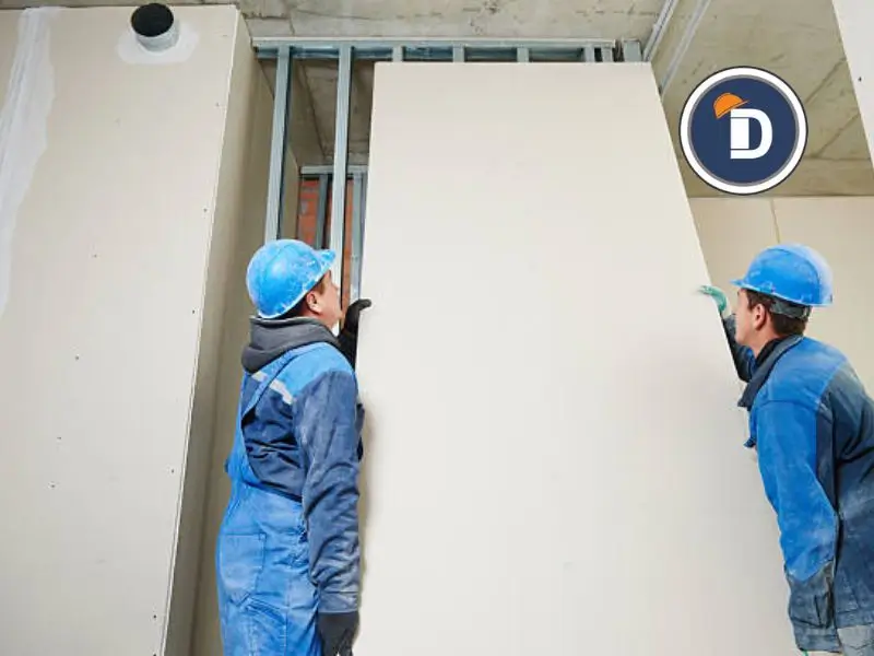 "Trabajadores profesionales instalando paneles de drywall en un edificio en construcción, asegurando una instalación eficiente y de calidad."