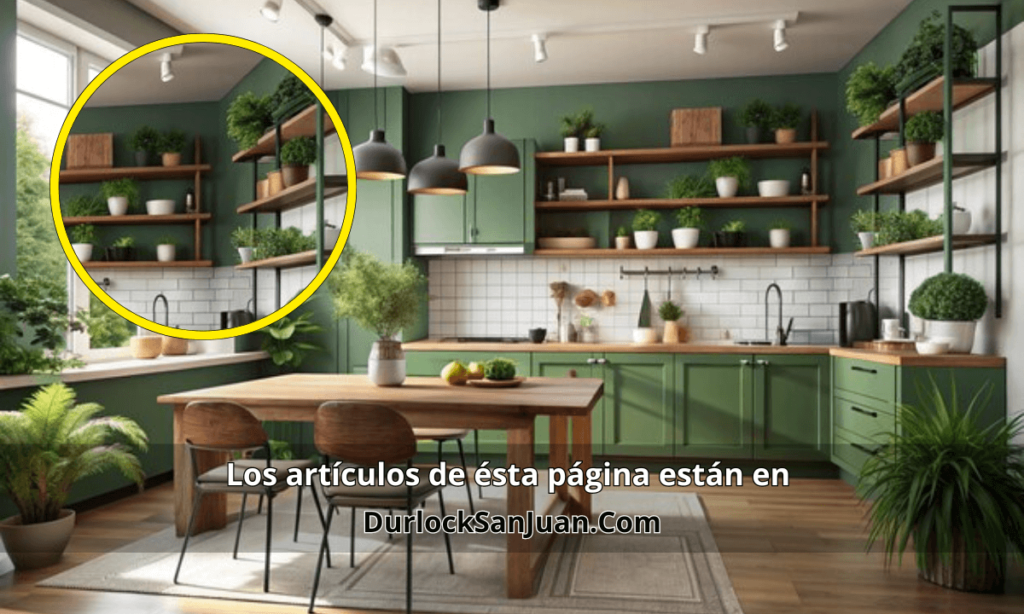 "Cocina luminosa en tonos verdes con plantas, mesa con tres sillas y una frutera, decorada con elementos en armonía."