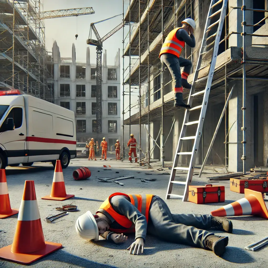 Representación de un accidente de trabajo en una obra de construcción con un trabajador herido.