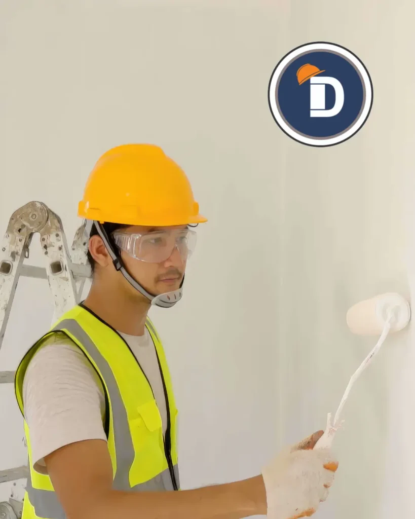 Trabajador de la construcción con casco y rodillo pintando una pared blanca en un proyecto de obra.