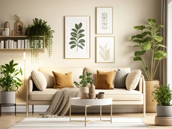 "Sala de estar moderna con sofá beige, mesa de centro de madera, y cuadros minimalistas en la pared"