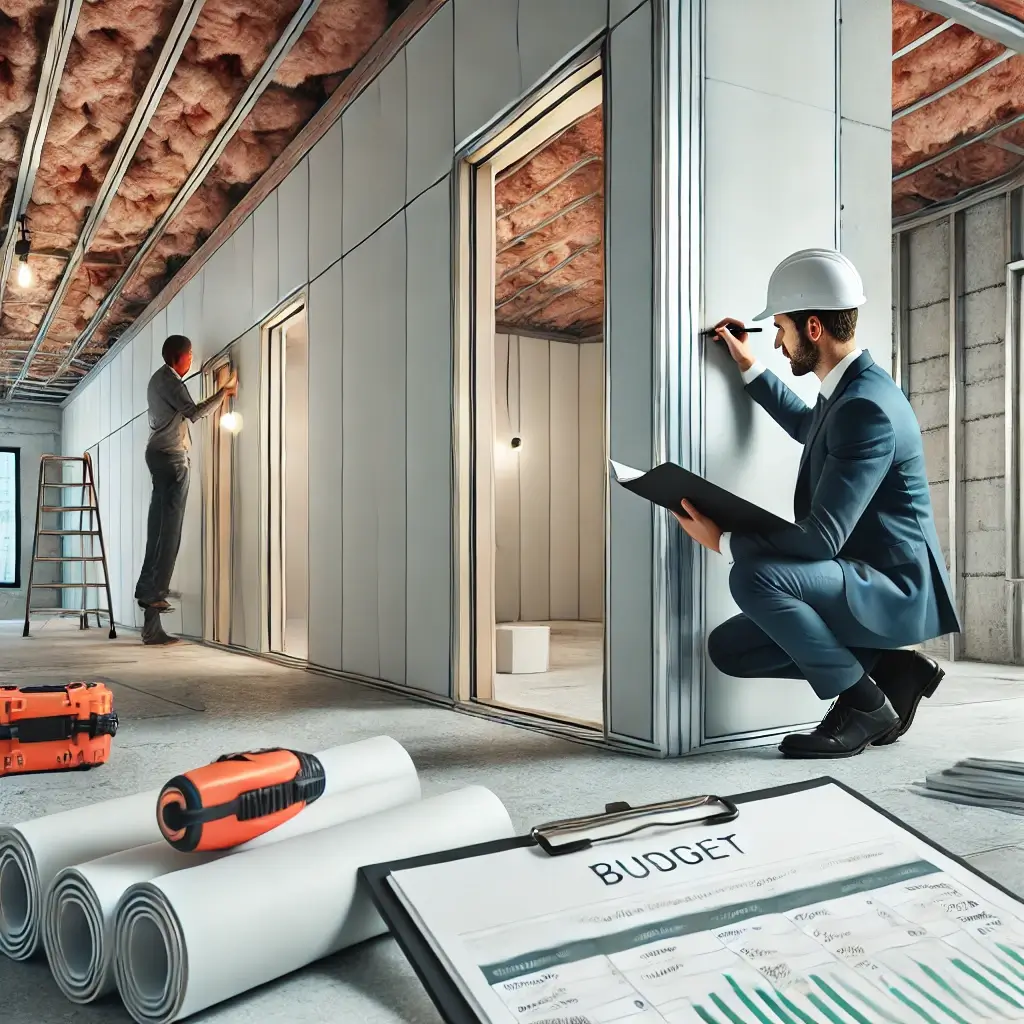 Profesional supervisando la instalación de paneles Durlock en un cierre perimetral, con herramientas y materiales de construcción visibles.