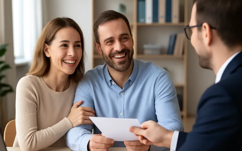Pareja sonriente recibiendo asesoramiento profesional sobre seguros y finanzas en una reunión con un asesor