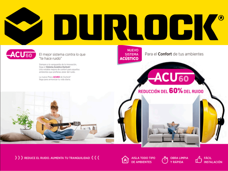 Placa Durlock ACU 60 con sistema acústico que reduce hasta el 60% del ruido, ideal para mejorar el confort de los ambientes con instalación rápida y limpia.