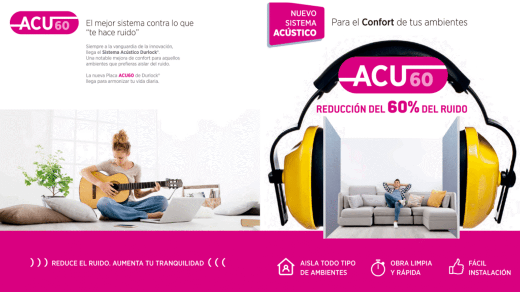 Placa Durlock ACU 60 con sistema acústico que reduce el 60% del ruido, ideal para aislar ambientes y mejorar el confort
