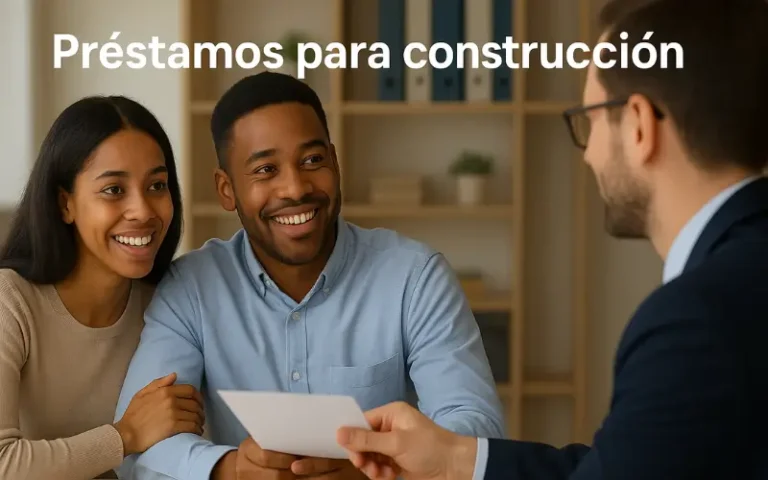 Pareja joven conversando con un asesor financiero sobre préstamos para construcción en una oficina moderna