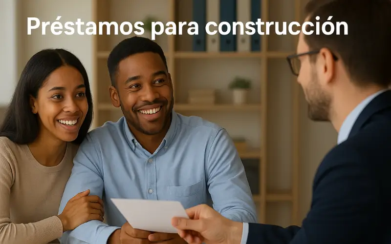 Pareja joven conversando con un asesor financiero sobre préstamos para construcción en una oficina moderna
