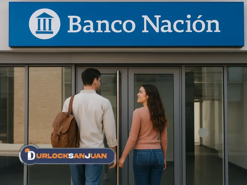 Pareja joven ingresando a una sucursal del Banco Nación para solicitar un préstamo para reformas del hogar